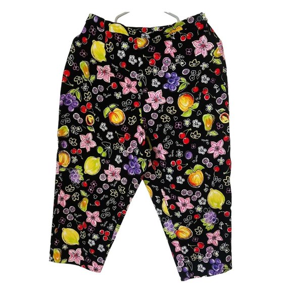 Women's Capri Length Pants Briggs 10 Petite Stretch Black Colorful Fruit Flowers - Picture 2 of 7